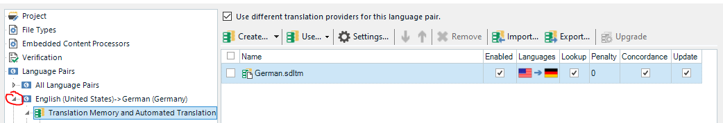 Trados Studio project settings with Translation Memory listed under a specific language pair, English to German, with a red error icon.