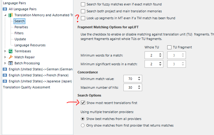 Trados Studio settings showing 'Search Options' with 'Show most recent translations first' checkbox checked.