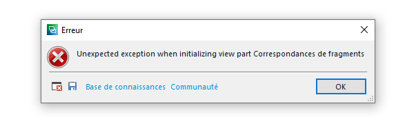 Error dialog box in SDL Trados Studio 2021 displaying message 'Unexpected exception when initializing view part Correspondances de fragments' with options for 'Base de connaissances' and 'Communaute'.