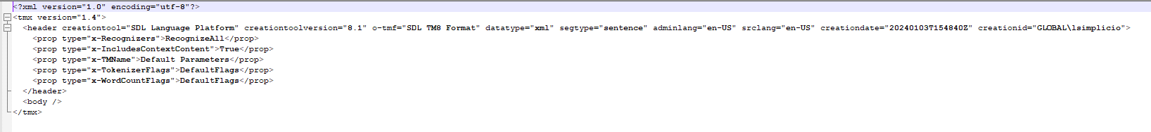 Screenshot of an XML code snippet from Trados Studio showing the header section with various properties such as 'creationtool', 'creationtoolversion', and 'datatype'. No visible errors or warnings.