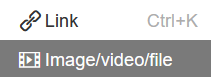 Trados Studio screenshot showing the Insert menu with options for Link (shortcut Ctrl+K) and Imagevideofile.