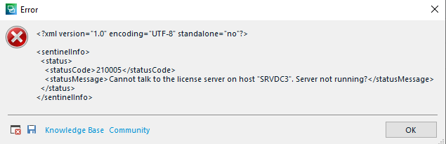 Error dialog box in SDL Trados showing XML code with a status message 'Cannot talk to the license server on host SRVDG3. Server not running?'