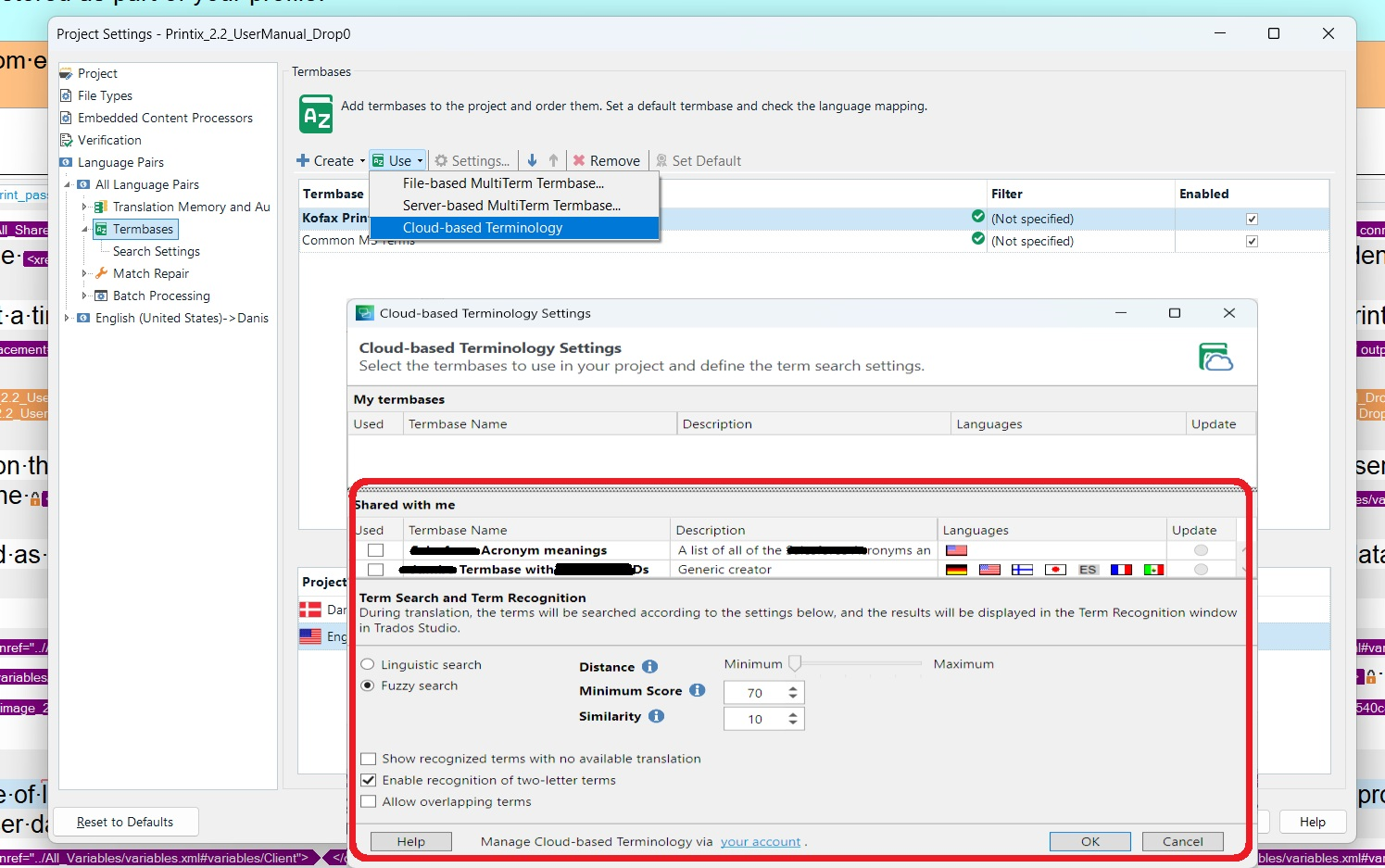 Trados Studio screenshot showing Project Settings with a focus on Term Bases section. The 'Shared with me' area is highlighted, displaying online databases available to the user.