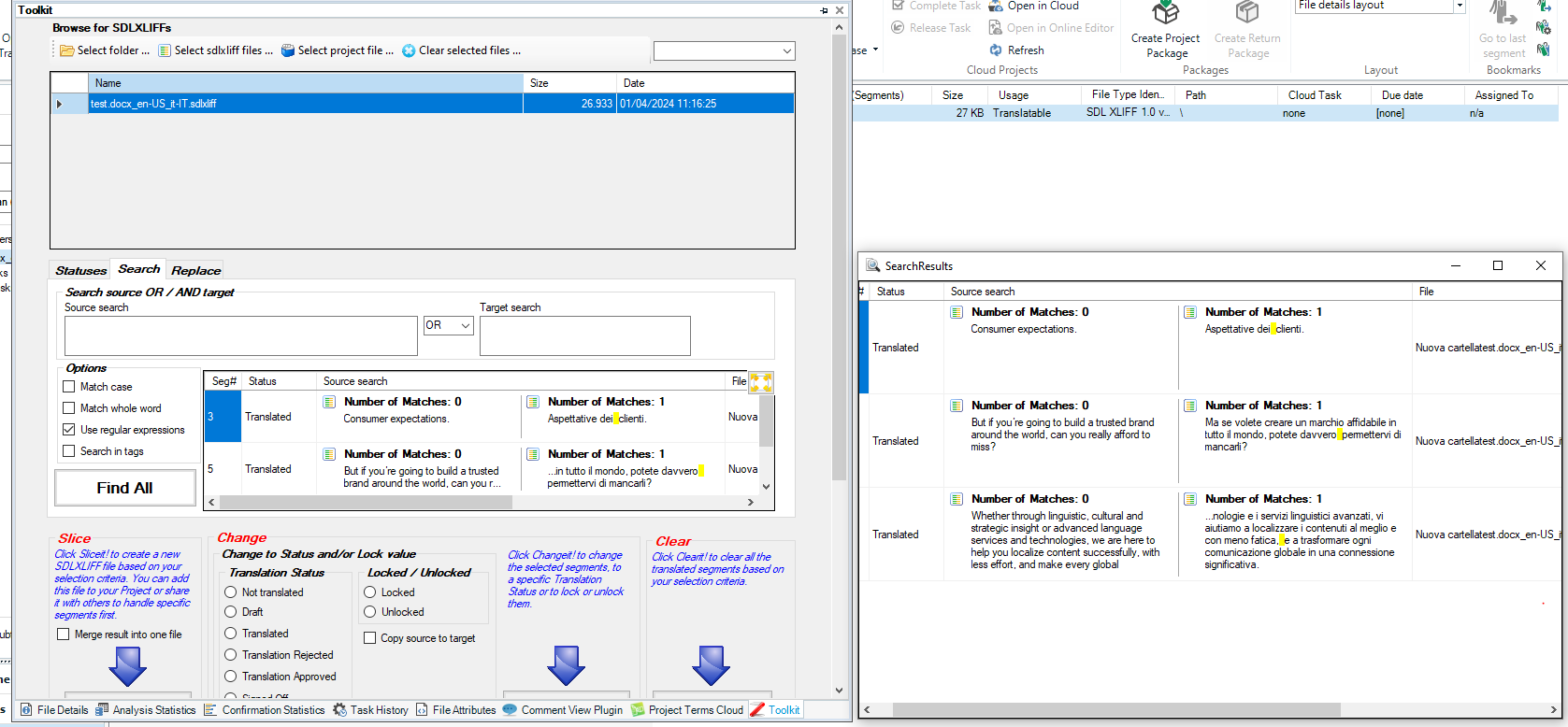 Screenshot of Trados Studio's SDLXLIFF Toolkit with a selected file named 'test.docx_en-US_ja-JP.sdlxliff'. The 'Search' tab is active showing options for source and target search with zero matches found for 'Consumer expectations.'