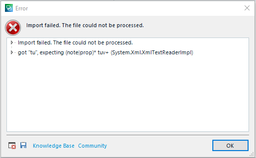 Trados Studio error message window showing 'Import failed. The file could not be processed.' with details of the XML parsing error.