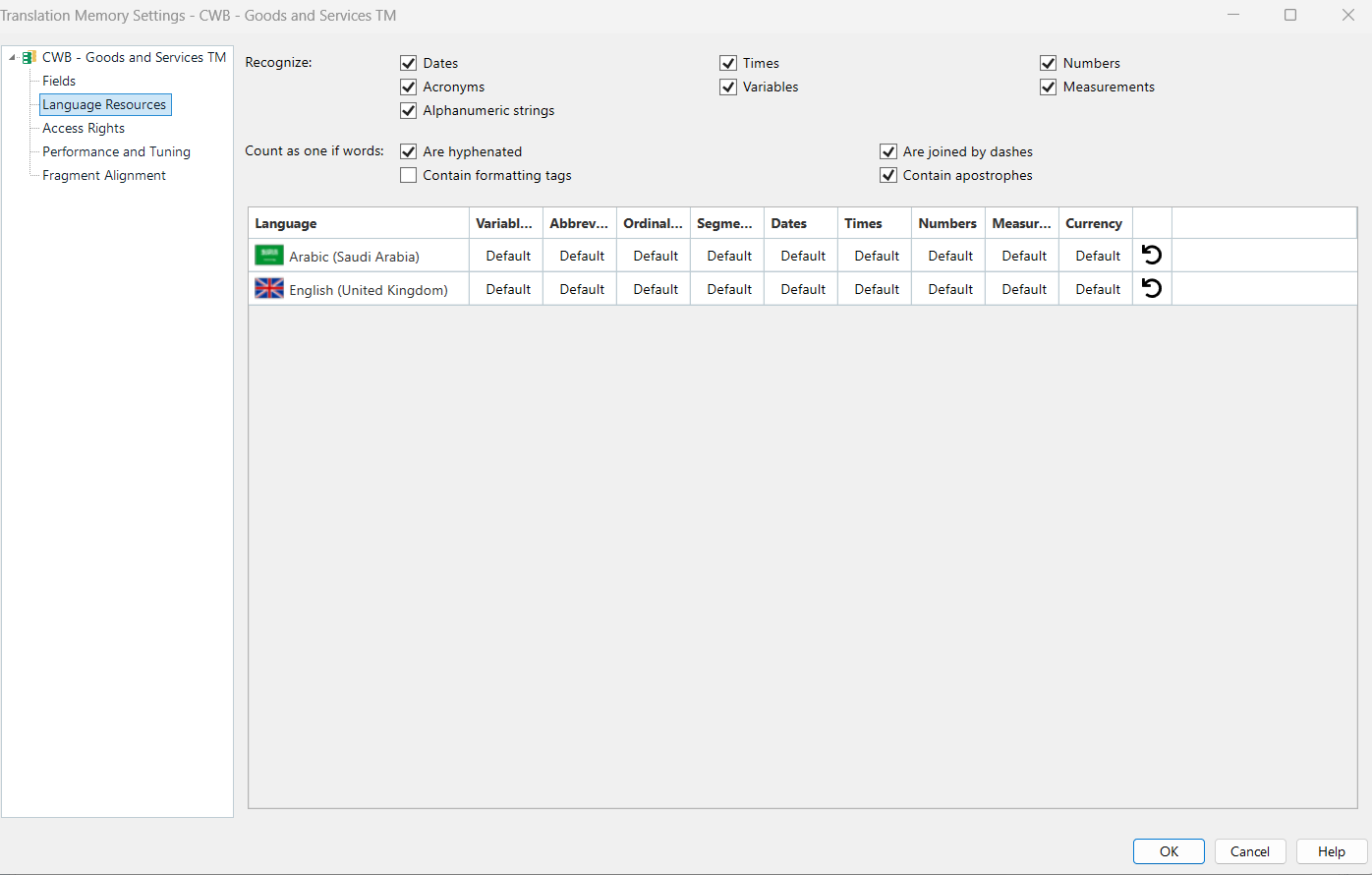Trados Studio Translation Memory Settings window showing Language Resources tab with no visible segmentation options for English (United Kingdom).