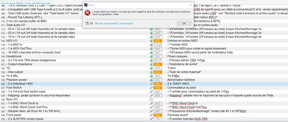 Error message in Trados Studio 'Index Out Of Range' after confirming segment 125, with segment 126 containing measures displayed in the background.
