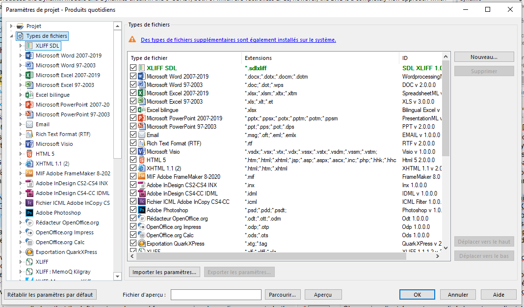 Trados Studio file types settings window with a list of supported file extensions and their corresponding file type configurations.