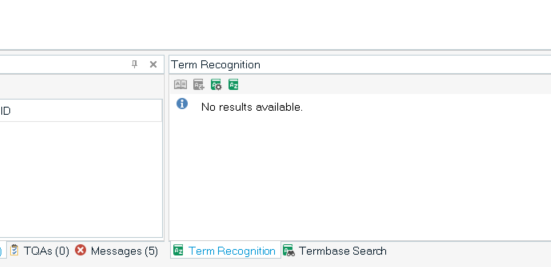 SDL Trados Studio interface showing the Term Recognition window with a message 'No results available.' and tabs for Term Recognition and Termbase Search at the bottom.