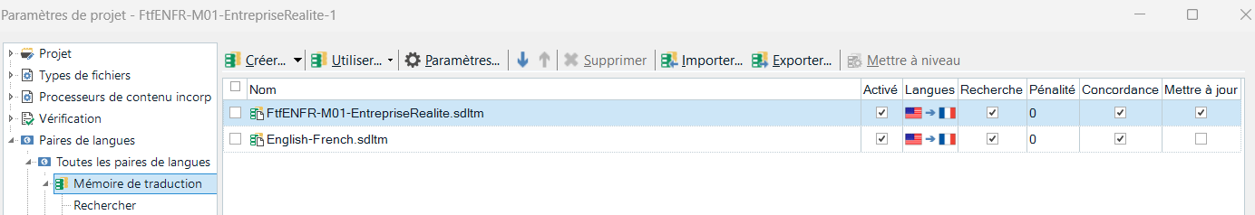 Trados Studio project settings with a translation memory 'FtFenfr-M01-EntrepriseRealite.sdlTM' listed under 'Memoire de traduction' with update options checked.
