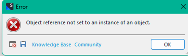 Trados Studio error dialog box displaying 'Object reference not set to an instance of an object' with options for Knowledge Base and Community.