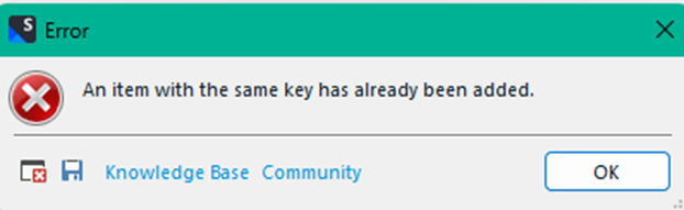 Trados Studio error dialog box displaying 'An item with the same key has already been added' with options for Knowledge Base and Community.