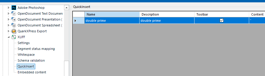 Trados Studio QuickInsert settings showing an entry named 'double prime' with its description and an option to add it to the toolbar.
