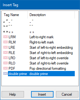 Trados Studio Insert Tag dialog box with various tags listed, including a selected 'double prime' tag with its description.