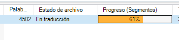 Trados Studio project progress bar showing 61% completion with the file status 'In translation'.