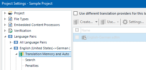 Trados Studio Project Settings window showing English (United States) to German language pair with Translation Memory and Automated Translation settings expanded.