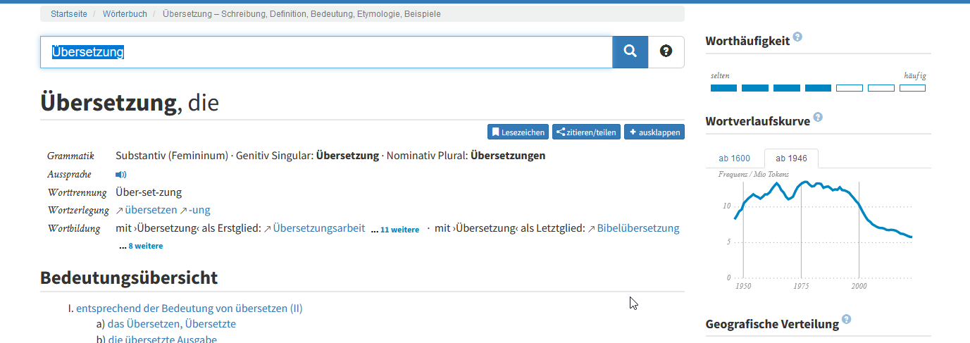 Screenshot of a DWDS dictionary page showing the word 'Ubersetzung' with its definition, grammar, pronunciation, and word frequency graph in German.