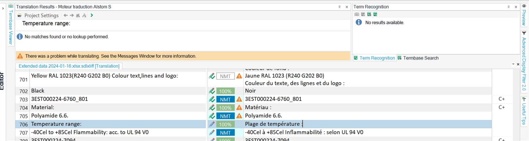 Trados Studio screenshot showing a warning message 'There was a problem while translating. See the Messages Window for more information.' and a segment division issue with overlapping text in the Editor pane.