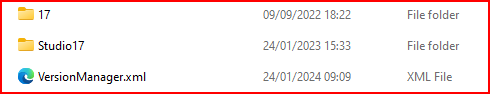 File explorer window showing folders '17' and 'Studio17' and a file 'VersionManager.xml' with their respective modification dates.