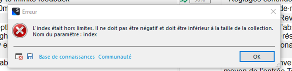 Error message in Trados Studio indicating 'L'index etait hors limites. Il ne doit pas etre negatif et doit etre inferieur a la taille de la collection. Nom du parametre: index'.
