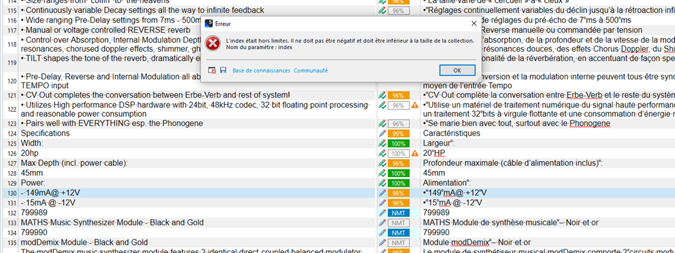 Trados Studio screenshot showing an error dialog box over a segment list, with segment 130 highlighted and an error message about index being out of range.