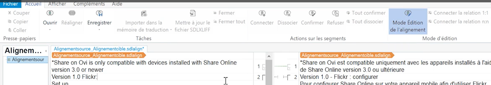 Screenshot of Trados Studio interface showing the 'Fichier', 'Accueil', 'Afficher', 'Complements', and 'Aide' tabs with 'Alignment editing mode' button highlighted in blue.