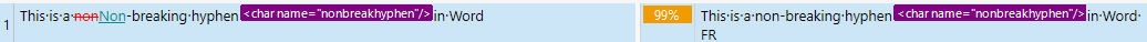 Trados Studio 2022 Translation Results window showing a segment with a non-breaking hyphen tag displayed with almost no width.