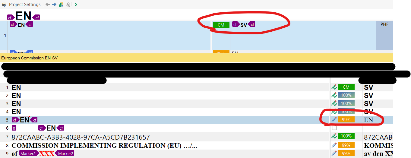 Trados Studio screenshot showing a translation segment with a 99% match from English to Swedish selected instead of a Context Match (CM). The CM option is circled in the translation results pane.