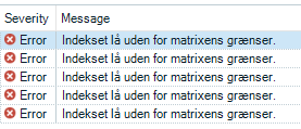 Error message list showing multiple 'Index was outside the bounds of the array' errors in Trados Studio.