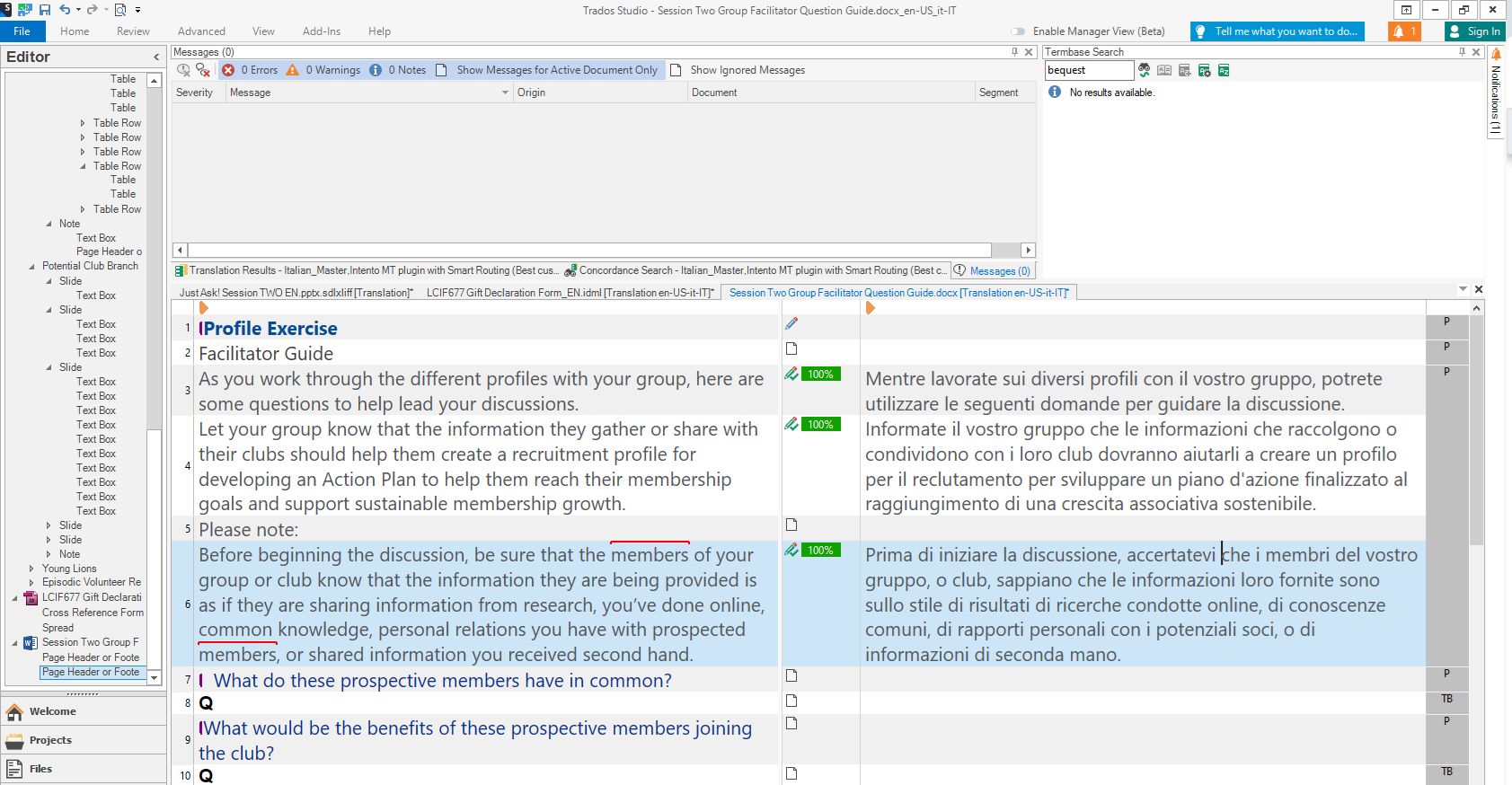 Screenshot of Trados Studio interface showing the Editor tab with a Word document open for translation. The Translation Results pane is active with no errors or warnings displayed.