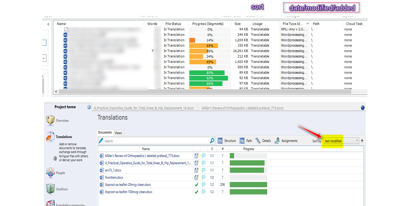 Trados Studio Project View showing a list of files with columns for Name, Words, File Status, Progress, Size, Usage, File Type Id, Path, and Cloud Task. A 'sort' button is visible with no date sorting option.