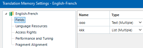 Screenshot of Trados Studio 2022 SR2 Translation Memory Settings showing Fields section with 'ooo' as Text (Multiple) and 'kkk' as List (Multiple) under Type column.