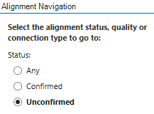Trados Studio Alignment Navigation panel with options to select alignment status: Any, Confirmed, and Unconfirmed, with Unconfirmed currently selected.