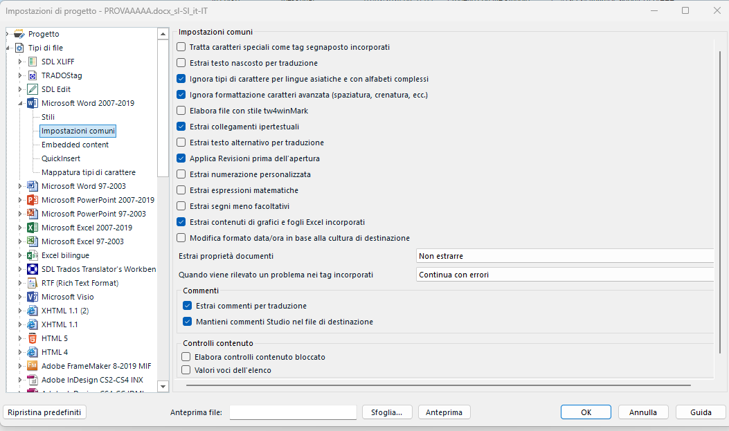 Trados Studio project settings window showing common settings with options for extracting comments for translation unchecked.