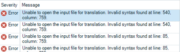 Screenshot of Trados Studio error messages indicating inability to open the input file for translation due to invalid syntax at line 540, column 759 and line 85, column 759.