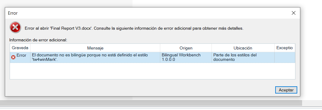Error message in Trados Studio stating 'Error opening Final Report V3.docx. The document is not bilingual because the 'tw4winMark' style is not defined.' with options to accept.
