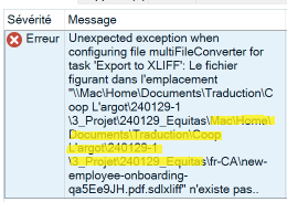 Error message in Trados Studio highlighting a file path duplication issue. The message indicates an unexpected exception during 'Export to XLIFF' task due to a non-existent file.