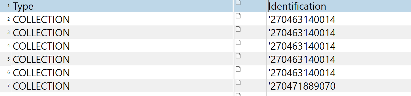 Excel screenshot displaying only the first two columns, Type and Identification, with the rows labeled COLLECTION and identification numbers.
