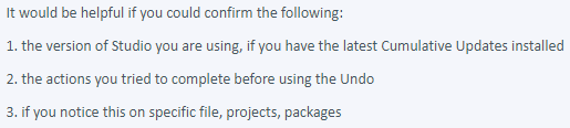 List of questions asking for confirmation of Trados Studio version, actions before using Undo, and if the issue occurs on specific files or projects.