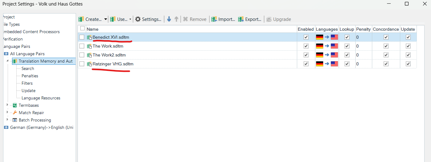 Screenshot of Trados Studio Project Settings showing Translation Memory and Automated Translation settings with four SDLTM files listed, all enabled for concordance and update.