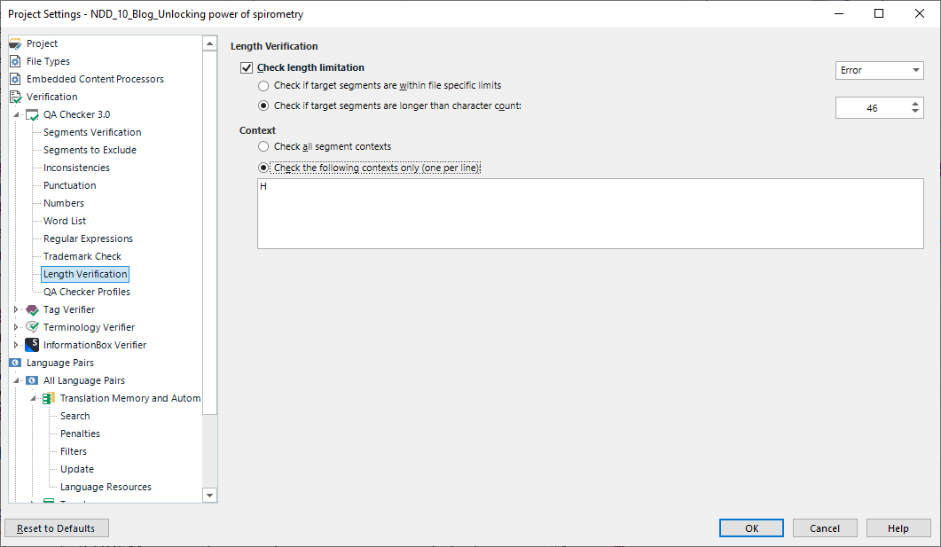 Trados Studio QA Checker 3.0 Length Verification settings window showing options for checking length limitation with 'Check the following contexts only' selected and 'H' entered as the context.
