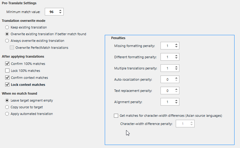 Screenshot of Trados Studio's Pre-Translate Settings showing Minimum match value set to 96 and various penalties such as Alignment penalty set to -1.