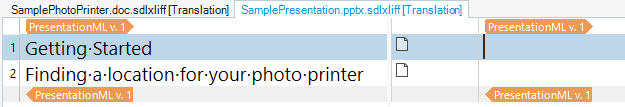 Screenshot of Trados Studio Editor with two tabs open, 'SamplePhotoPrinter.doc.sdlxliff' and 'SamplePresentation.pptx.sdlxliff'. The first tab is active, showing segments 'Getting Started' and 'Finding a location for your photo printer'.