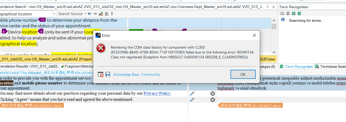 Screenshot of Trados Studio with an error message window stating 'Retrieving the COM class factory for component with CLSID xxxxxxxx-xxxx-xxxx-xxxx-xxxxxxxxxxxx failed due to the following error: 80040154 Class not registered (Exception from HRESULT: 0x80040154 (REGDB_E_CLASSNOTREG)).' with an OK button.