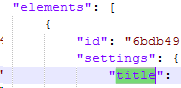 Close-up of JSON code focusing on an 'id' element with a nested 'title' setting.