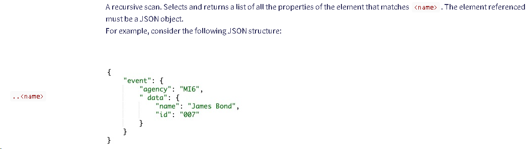 Screenshot of Trados Studio showing a JSON structure with a recursive scan instruction and an example JSON with 'event', 'agency', 'data', 'name', and 'id' fields.
