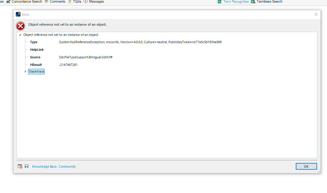 Error dialog box in Trados Studio displaying message 'Object reference not set to an instance of an object' with details including Type, HelpLink, Source, HResult, and Stacktrace.