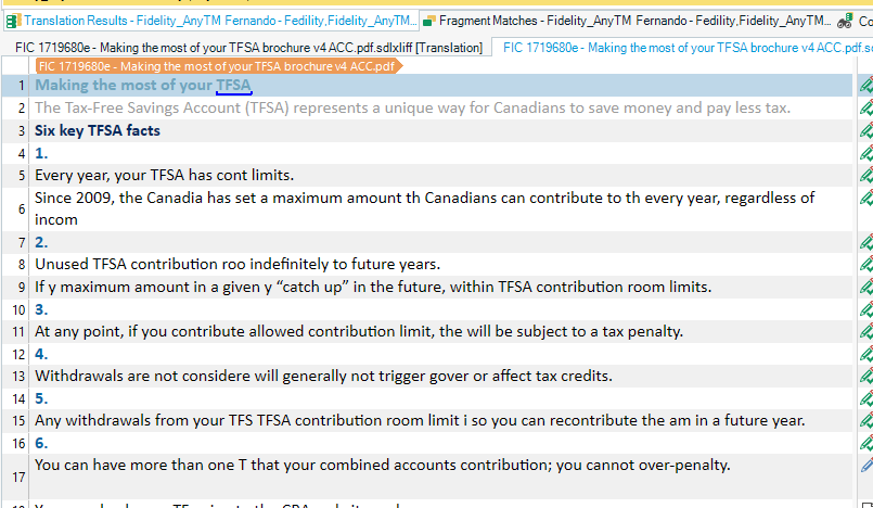 Screenshot of Trados Studio 2022 showing a project with missing source texts. Visible errors include incomplete sentences and missing words in the source column.