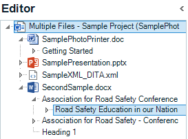 Trados Studio Editor pane showing a list of files including SamplePhotoPrinter.doc, SamplePresentation.pptx, SampleXML.DITA.xml, and SecondSample.docx with 'Association for Road Safety Conference' expanded.