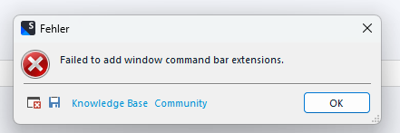 Error dialog box in Trados Studio with message 'Failed to add window command bar extensions.' and buttons for Knowledge Base, Community, and OK.